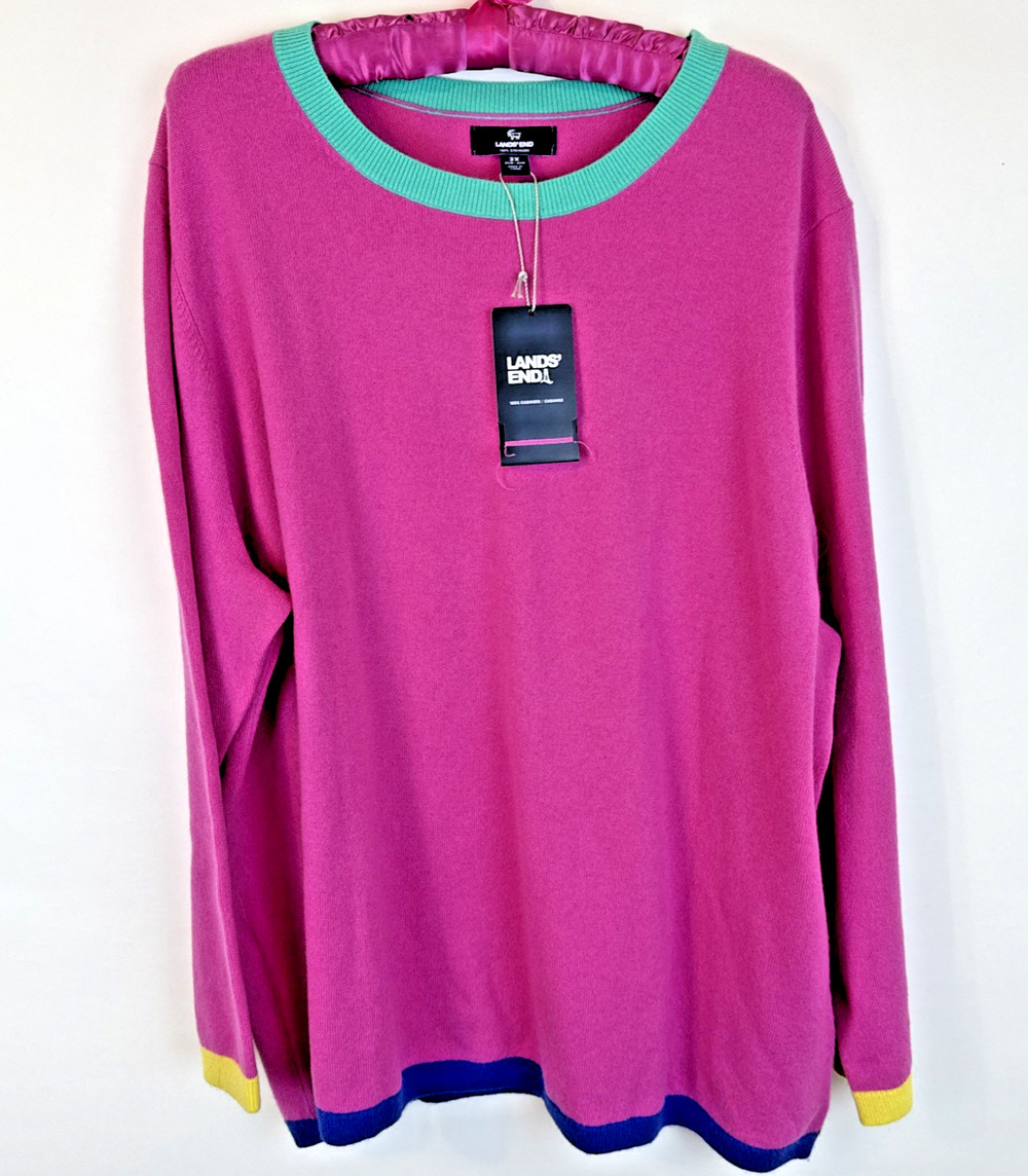 Vintage Lands' End 100% cashmere sweater colorblock crew neck style 80/90s pink